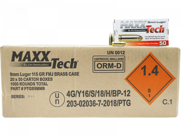 MAXXTech Brass 9mm 115 Gr 1000-Rounds FMJ