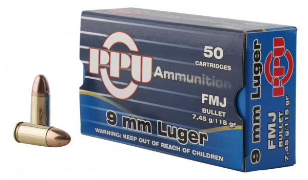 PPU Centerfire Handgun Brass 9mm 115-Grain 50-Rounds FMJ